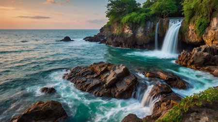 Beautiful waterfall in the tropical sea at sunset time, Thailand.の写真素材