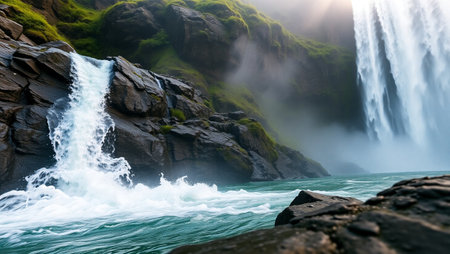 Skogafoss waterfall, Iceland. Panoramic view.の写真素材