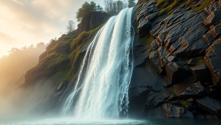 Waterfall in the mountains at sunset. Beautiful summer landscape with waterfall.の写真素材