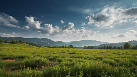 Beautiful summer landscape with green meadow and mountains in the backgroundの写真素材