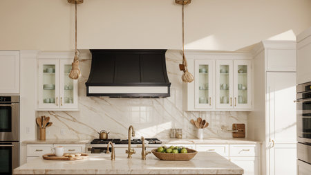 Interior of modern kitchen with white marble walls and white countertops