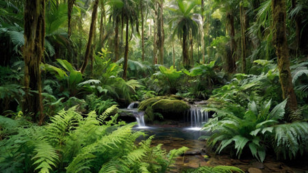 Tropical rainforest with cascading waterfall and ferns