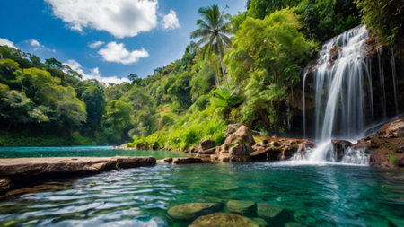 Panoramic view of a waterfall in a tropical rainforest.