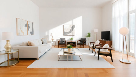 Interior of modern living room with white walls, wooden floor, sofa and coffee table
