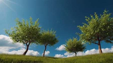 Green trees in the meadow and blue sky. 3d renderの写真素材
