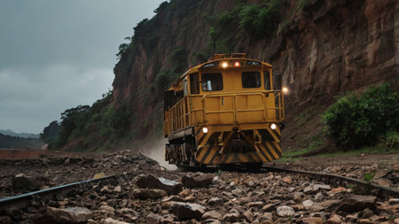 Yellow locomotive on the railroad track in the jungle of Laos.