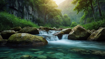 Mountain stream in the forest at sunset. Beautiful natural landscape.
