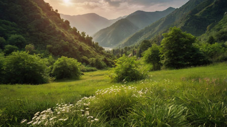 Beautiful summer landscape with green meadow and mountains in the backgroundの写真素材