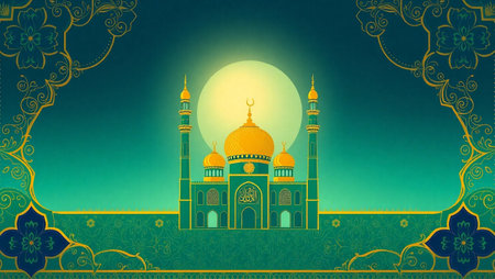 Ramadan Kareem greeting card with mosque and moon. Vector illustration