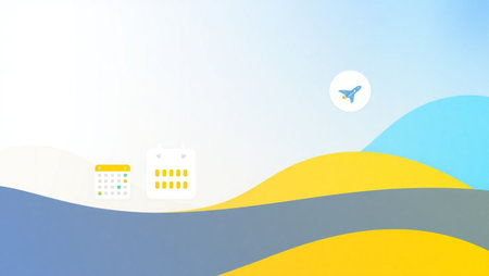 airplane and calendar on abstract blue and yellow background with copy space