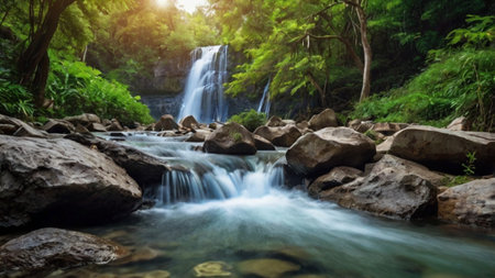 Beautiful waterfall in the forest at Phu Kradueng National Park, Loei, Thailandの写真素材