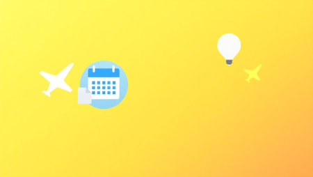 Airplane, calendar and air balloon on yellow background. Vector illustrationの写真素材