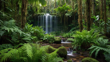 Tropical rainforest with waterfall and green ferns.