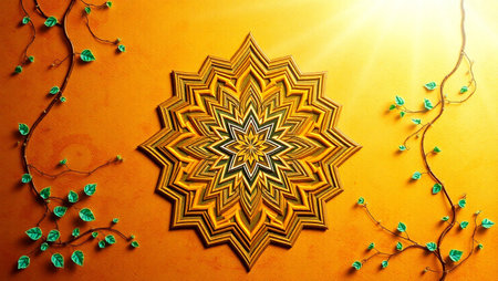 3d illustration of a beautiful mandala on the orange background.の写真素材