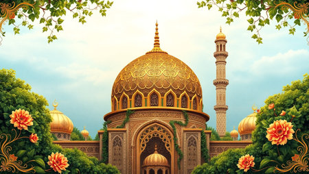 Illustration of a beautiful mosque in the middle of the forest.の写真素材