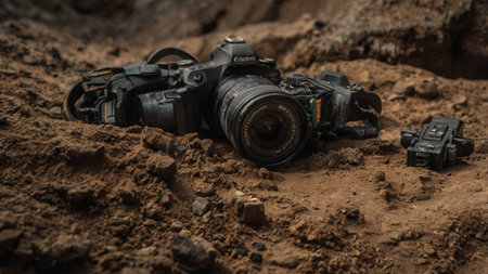Close-up of a DSLR camera in the sand. Action.の写真素材