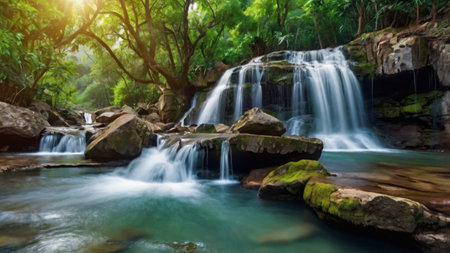 Beautiful waterfall in deep forest,Thailand. Panorama.の写真素材
