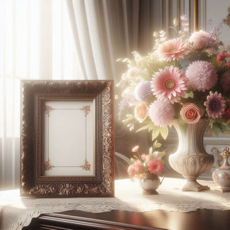 Vintage photo frame with flowers on the table. 3d render