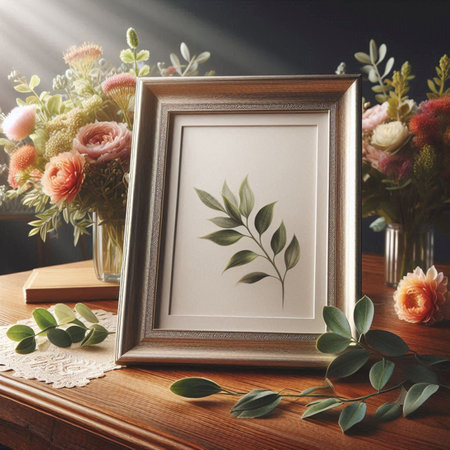 Wooden frame mockup with flowers in vase on wooden table