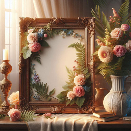 Vintage frame with flowers in the room. 3d rendering.の写真素材