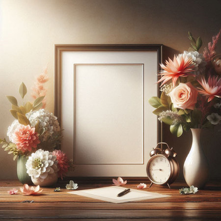 Blank picture frame mockup with flowers in vase. 3d rendering