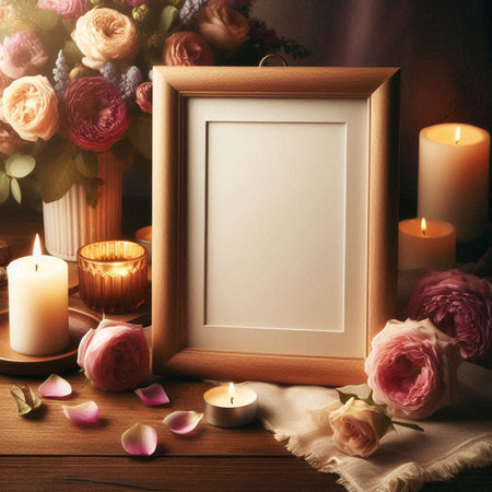 Blank photo frame, burning candles and flowers on wooden background.