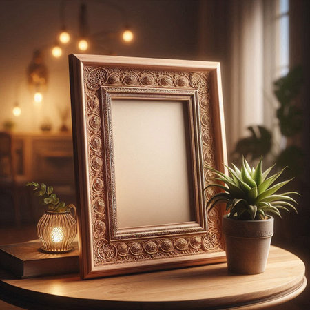 Wooden picture frame on the table in the living room. 3d rendering