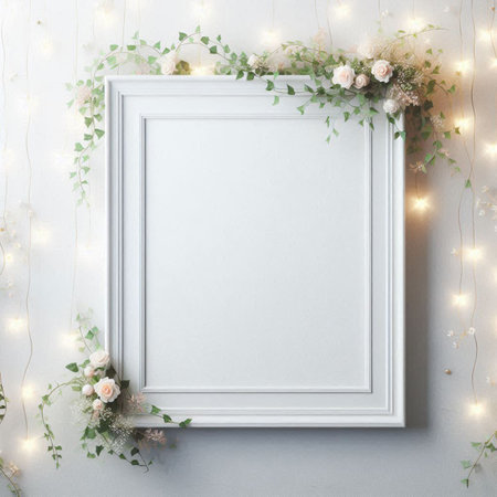 White frame mockup with flowers on light background. 3d rendering
