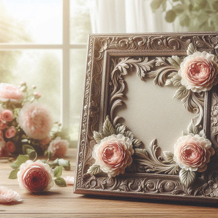 Vintage photo frame with roses on a wooden table near the window