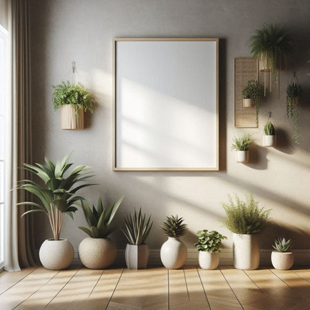 Interior of modern living room with gray walls, wooden floor, white mock up poster frame and green...