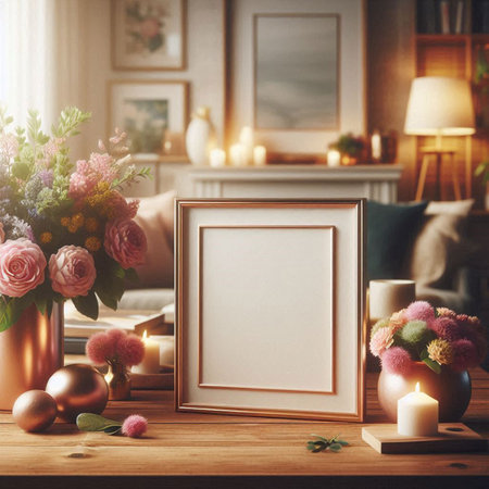 Interior of living room with frame mockup, candles and flowers. 3d renderingの写真素材