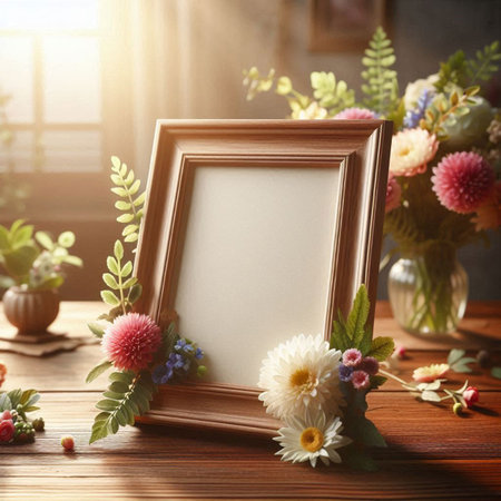 Wooden photo frame with flowers in vase on table in room