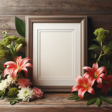Blank photo frame with flowers on wooden background. 3d renderingの写真素材