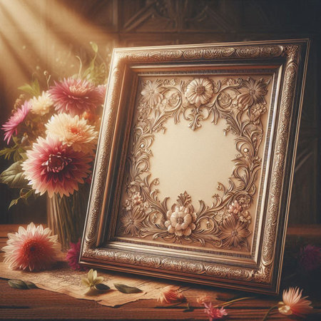 Vintage photo frame with flowers. Photo in old image style.