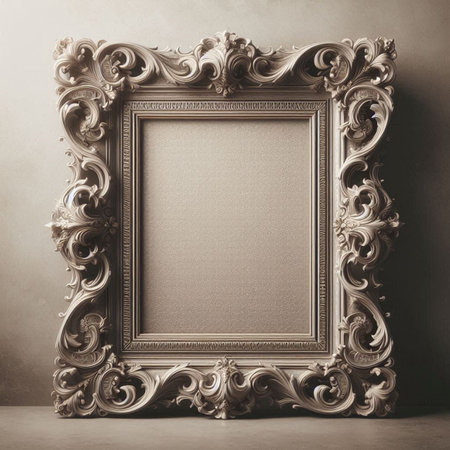 Vintage picture frame on grey wall background. 3d render illustrationの写真素材