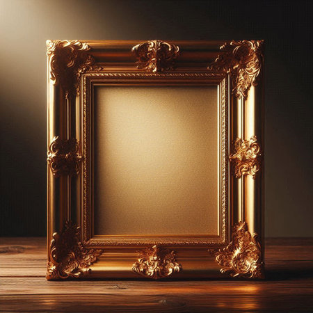 Golden vintage picture frame on wooden table and dark wall background. 3d renderの写真素材