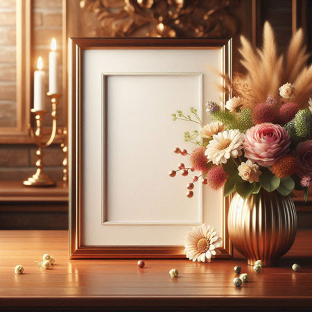 Blank picture frame mockup with flowers in vase. 3d rendering