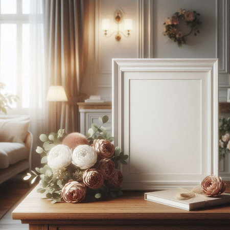Luxury interior of living room with white photo frame and flowersの写真素材