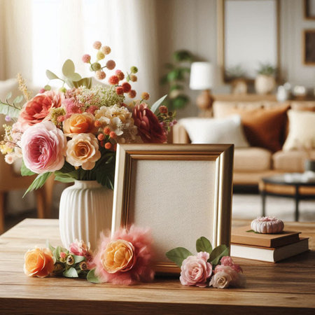 Vase with beautiful flowers and empty photo frame on wooden table in living roomの写真素材