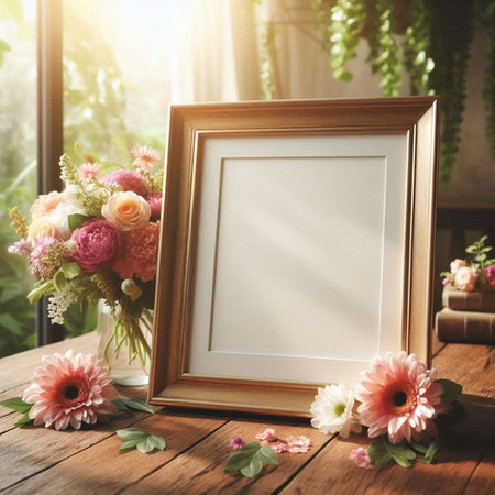 Blank photo frame mockup with flowers on rustic wooden tableの写真素材