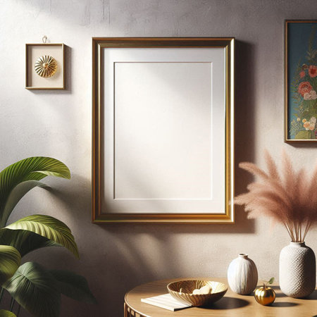 Mock up poster frame in interior background, 3D render illustrationの写真素材