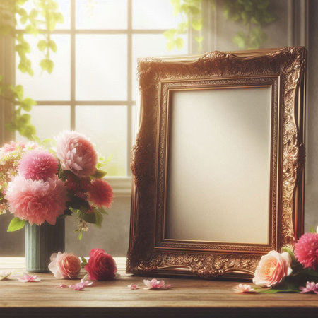 Wooden photo frame with flowers in vase on wooden table.の写真素材