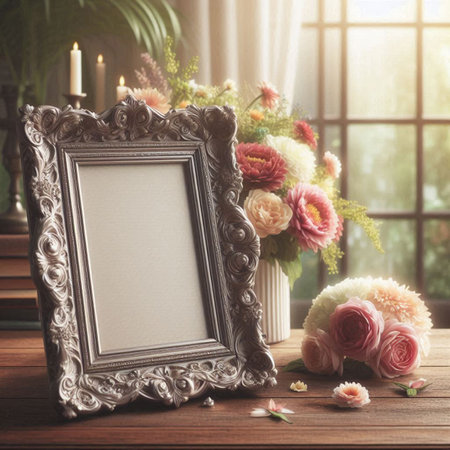 Vintage photo frame and flowers on wooden table. Mock up, 3D Rendering