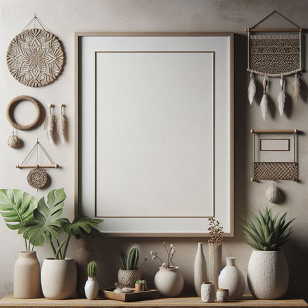 Mock up poster frame in interior background, Scandinavian style, 3d renderの写真素材