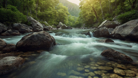 Long exposure of mountain river flowing through green forest at sunset time.