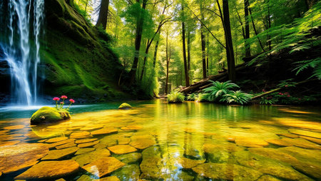 beautiful waterfall in the forest with a lot of stones and plantsの写真素材
