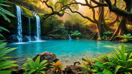 Waterfall in the jungle of Hawaii, United States of America.の写真素材