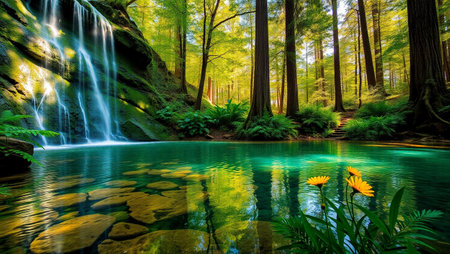 Beautiful waterfall in the forest of Redwood National Park, Californiaの写真素材