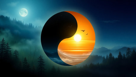 Sunrise and yin yang in the sky. 3d renderingの写真素材