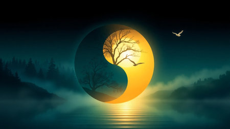 Night landscape with full moon and symbolの写真素材